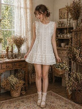 Endless Rose cottagecore Lace Trim Crochet Mini Dress White Size M Romantic